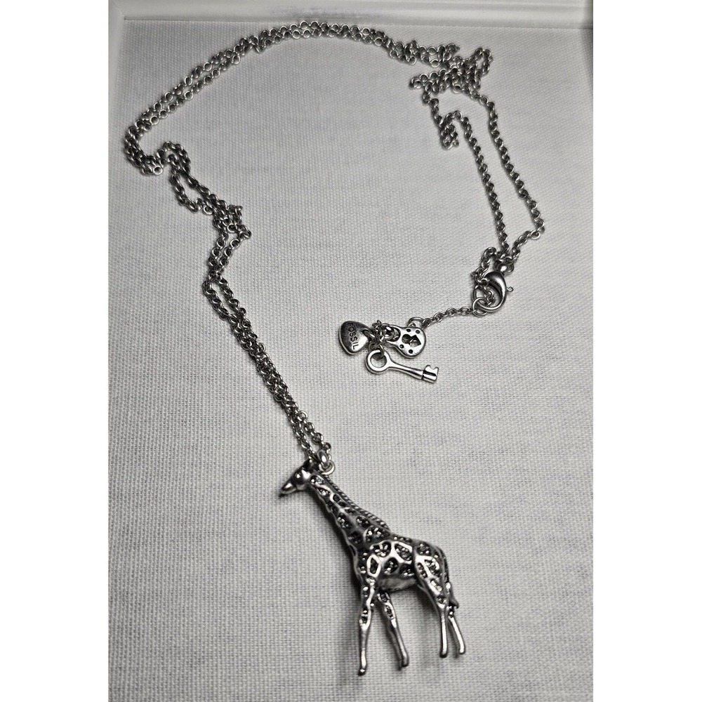 Giraffe Pendant Necklace‎ Silver Tone Crystal Accent Signed Fossil Retired Long